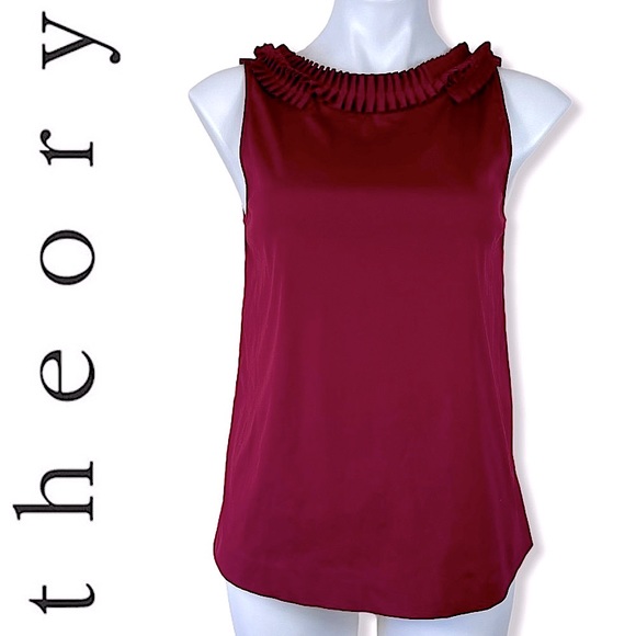 Theory Tops - Theory AUBI MAROON PLEATED RUFFLED STRUCTURED TOP